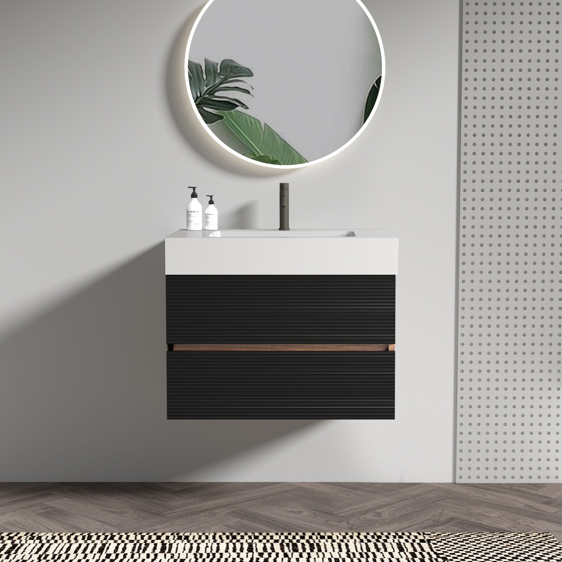 30' Bathroom Vanity with Sink Engineered Quartz Sink and Soft Black Drawers, Wall Mounted Floating Bathroom Vanity for Modern Bathroom, One-Piece White Glossy
 Basin without drainage and faucet, KD