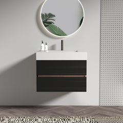 30' Bathroom Vanity with Sink Engineered Quartz Sink and Soft Black Drawers, Wall Mounted Floating Bathroom Vanity for Modern Bathroom, One-Piece White Glossy
 Basin without drainage and faucet, KD