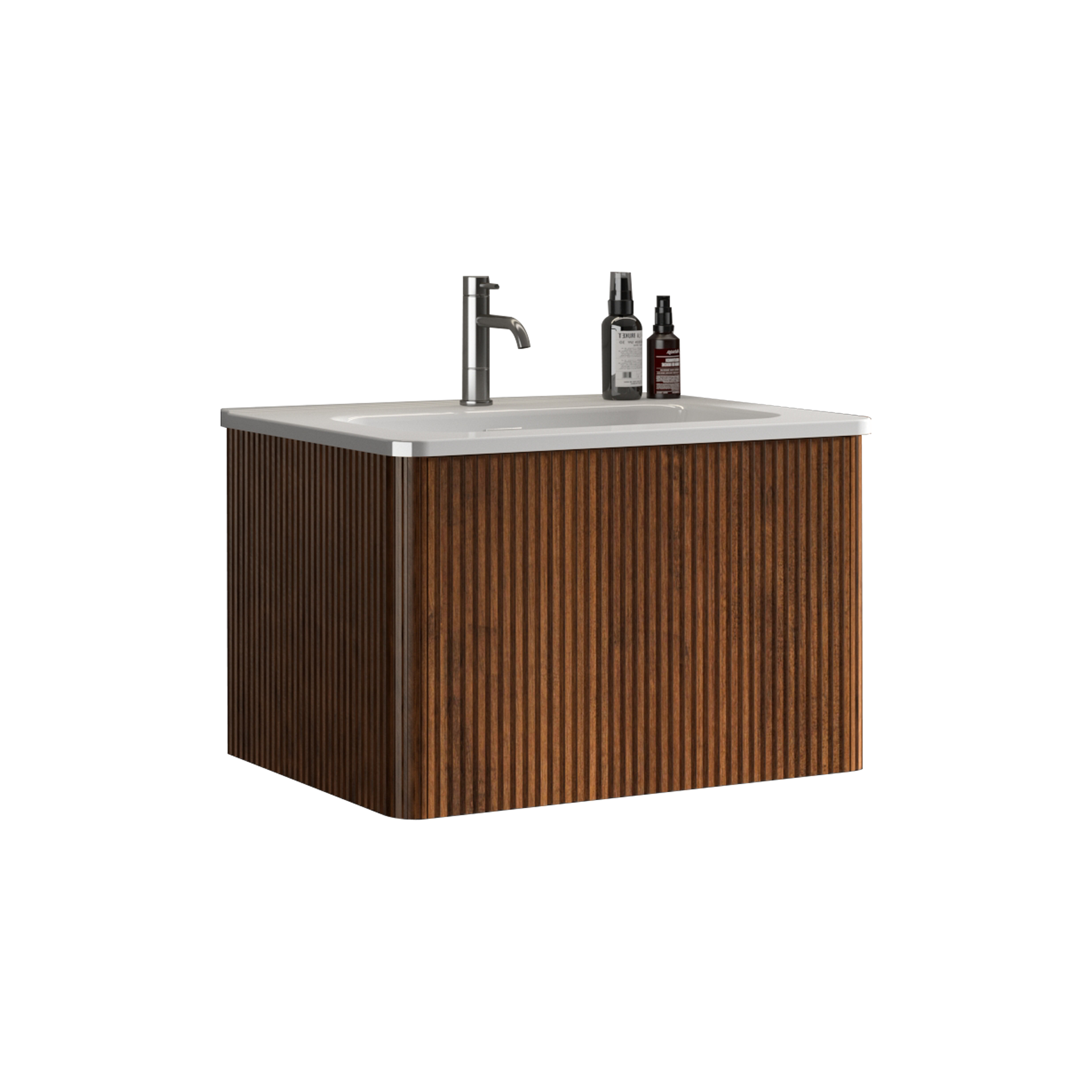 U046-Etna24W-305 Etna 24" Striped Walnut Bathroom Vanity with White Ceramic Sink, Wall Mounted Floating Bathroom Vanity for Modern Bathroom, Pre-assembled