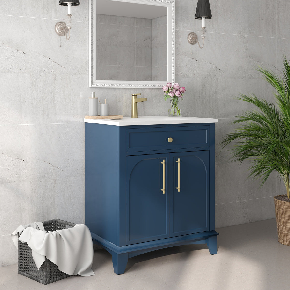 27.8" Modern Bathroom Vanity Sink Combo with Painted Surface, Mid-Century Freestanding Freestanding Bathroom Vanity Sink with Storage, High-end Restroom Vanity Cabinet with Drawers & Metal Handles