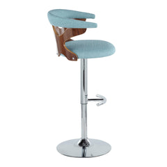Gardenia Mid-Century Modern Adjustable Barstool with Swivel in Chrome Metal, Walnut Wood and Teal Fabric with Rounded T Footrest by LumiSource - Set of 3
