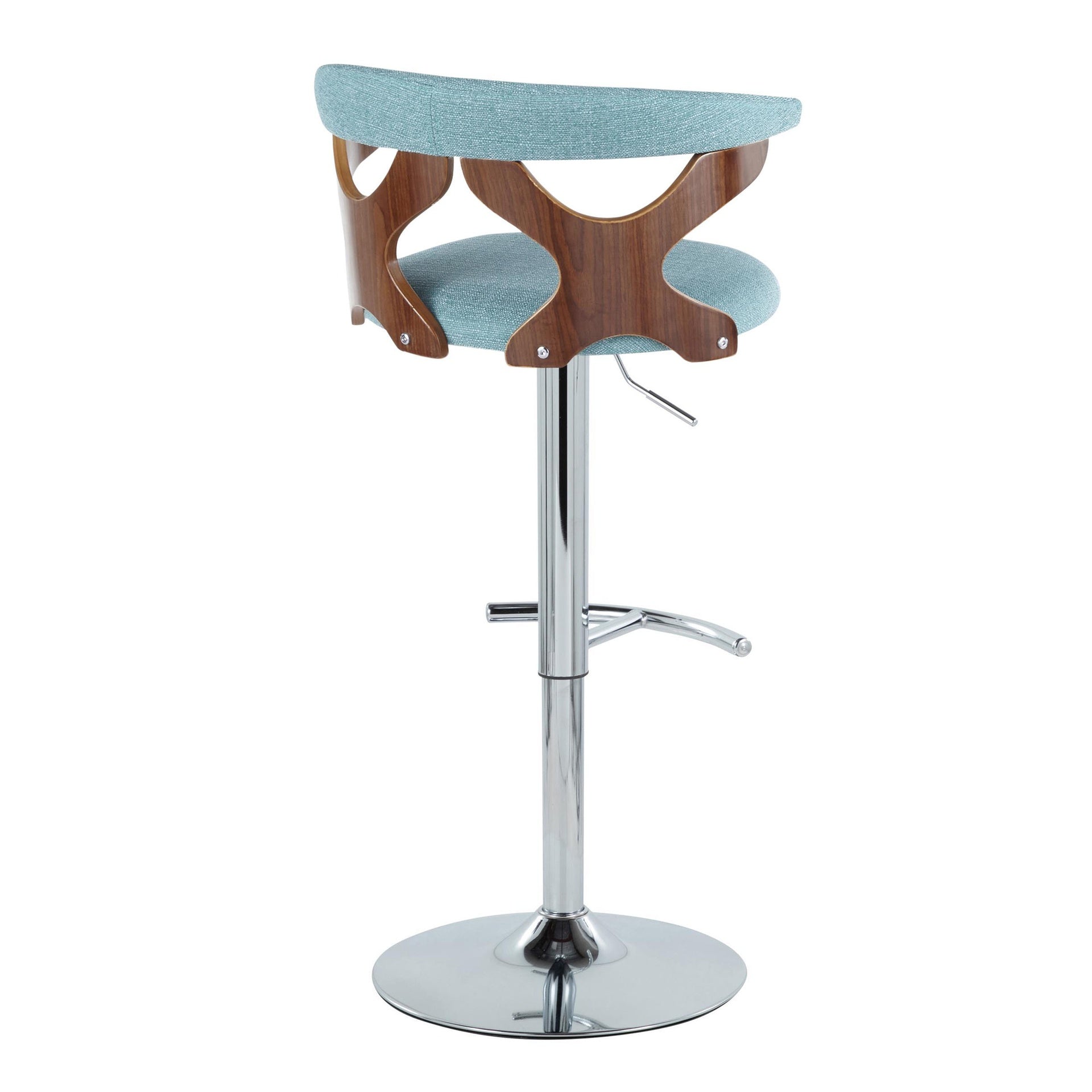 Gardenia Mid-Century Modern Adjustable Barstool with Swivel in Chrome Metal, Walnut Wood and Teal Fabric with Rounded T Footrest by LumiSource - Set of 3