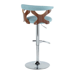 Gardenia Mid-Century Modern Adjustable Barstool with Swivel in Chrome Metal, Walnut Wood and Teal Fabric with Rounded T Footrest by LumiSource - Set of 3