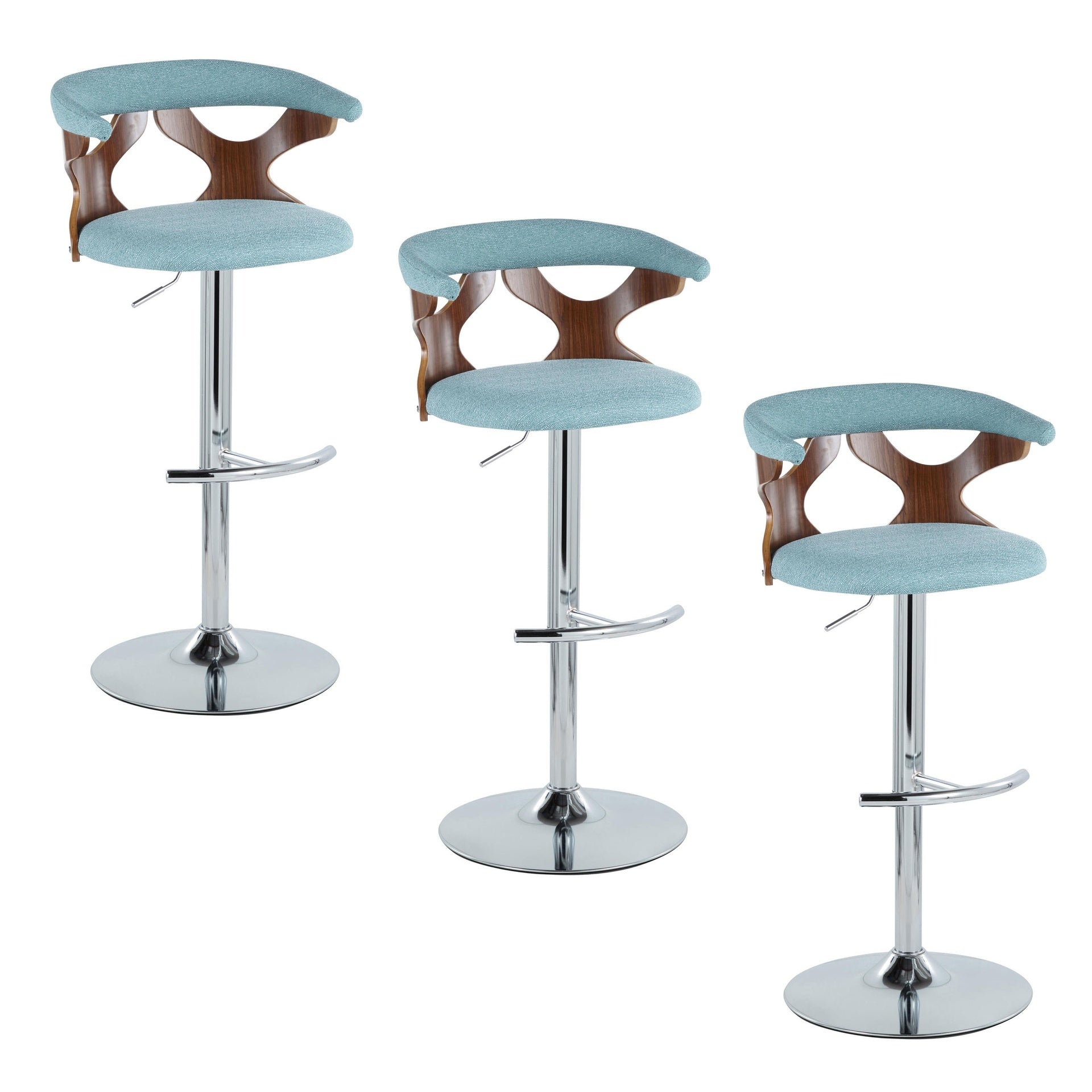Gardenia Mid-Century Modern Adjustable Barstool with Swivel in Chrome Metal, Walnut Wood and Teal Fabric with Rounded T Footrest by LumiSource - Set of 3
