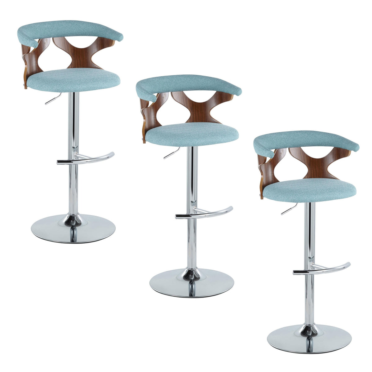 Gardenia Mid-Century Modern Adjustable Barstool with Swivel in Chrome Metal, Walnut Wood and Teal Fabric with Rounded T Footrest by LumiSource - Set of 3