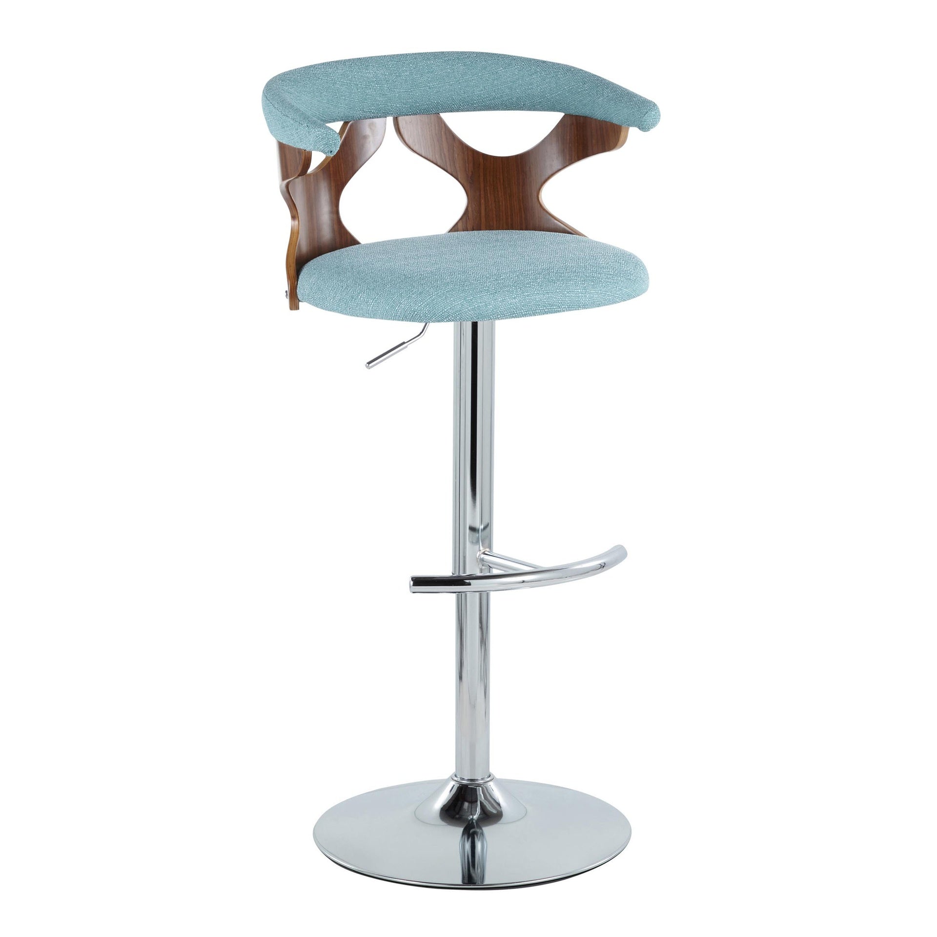 Gardenia Mid-Century Modern Adjustable Barstool with Swivel in Chrome Metal, Walnut Wood and Teal Fabric with Rounded T Footrest by LumiSource - Set of 3
