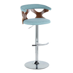 Gardenia Mid-Century Modern Adjustable Barstool with Swivel in Chrome Metal, Walnut Wood and Teal Fabric with Rounded T Footrest by LumiSource - Set of 3