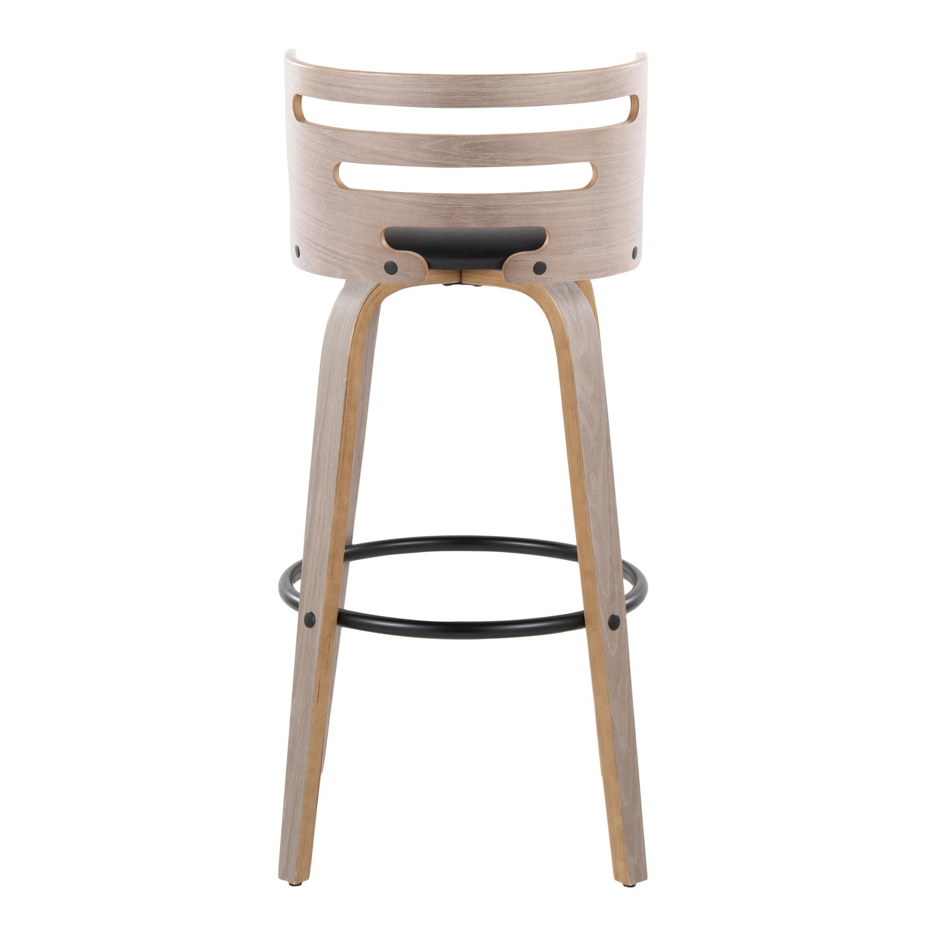 Cosini 30" Mid-Century Modern Fixed-Height Barstool with Swivel in Light Grey Wood and Black Faux Leather with Round Black Metal Footrest by LumiSource - Set of 2