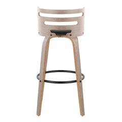 Cosini 30" Mid-Century Modern Fixed-Height Barstool with Swivel in Light Grey Wood and Black Faux Leather with Round Black Metal Footrest by LumiSource - Set of 2
