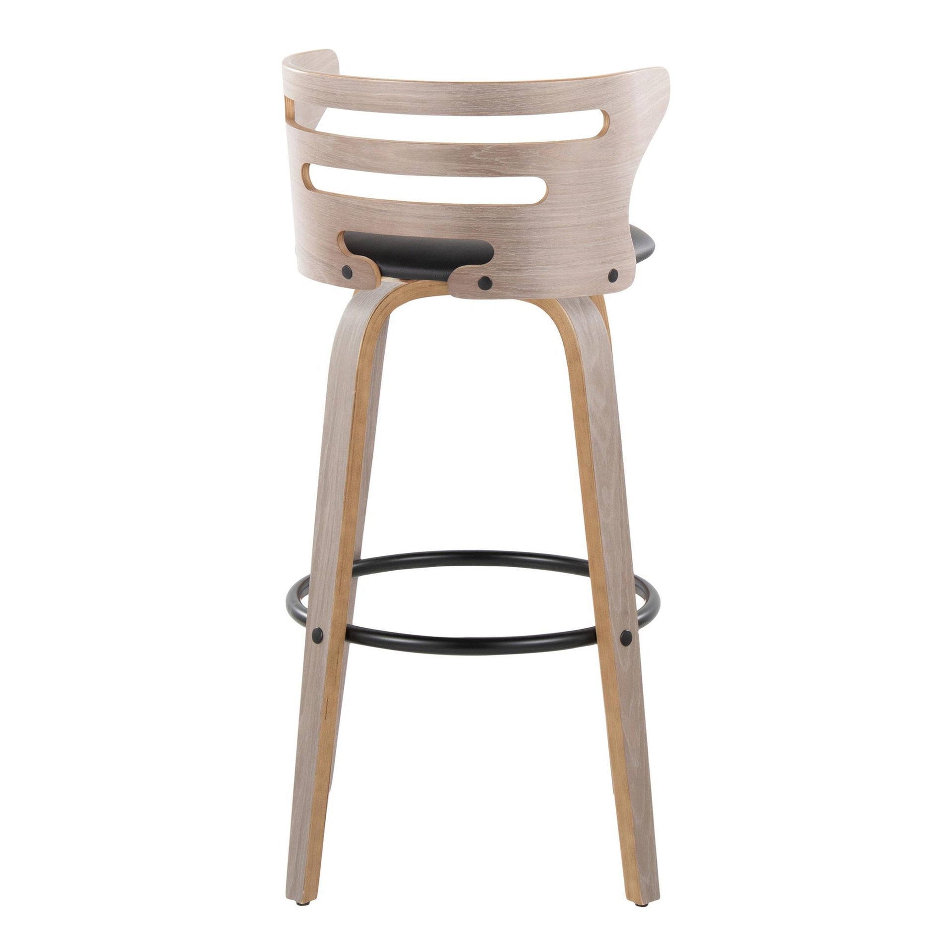 Cosini 30" Mid-Century Modern Fixed-Height Barstool with Swivel in Light Grey Wood and Black Faux Leather with Round Black Metal Footrest by LumiSource - Set of 2
