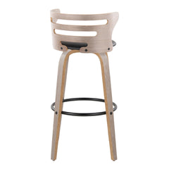 Cosini 30" Mid-Century Modern Fixed-Height Barstool with Swivel in Light Grey Wood and Black Faux Leather with Round Black Metal Footrest by LumiSource - Set of 2