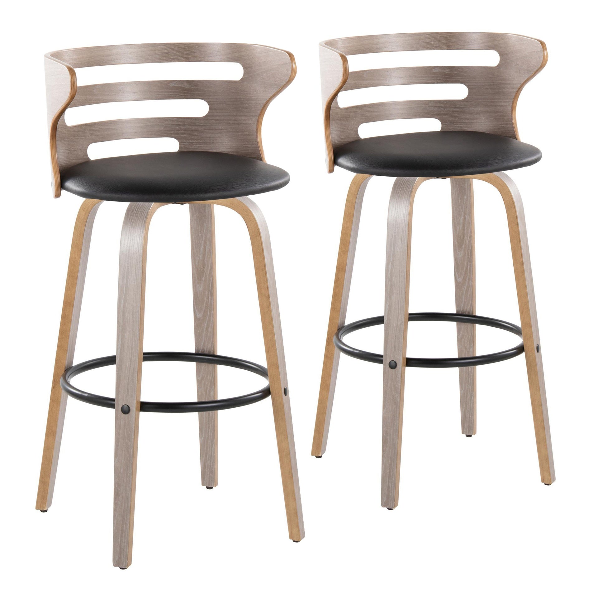 Cosini 30" Mid-Century Modern Fixed-Height Barstool with Swivel in Light Grey Wood and Black Faux Leather with Round Black Metal Footrest by LumiSource - Set of 2