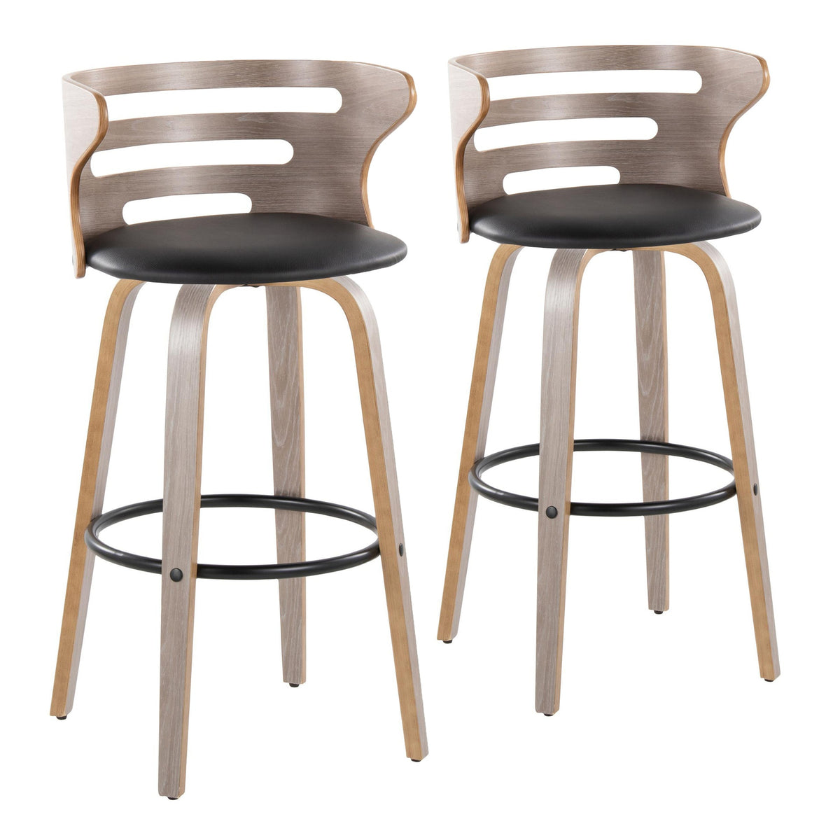 Cosini 30" Mid-Century Modern Fixed-Height Barstool with Swivel in Light Grey Wood and Black Faux Leather with Round Black Metal Footrest by LumiSource - Set of 2
