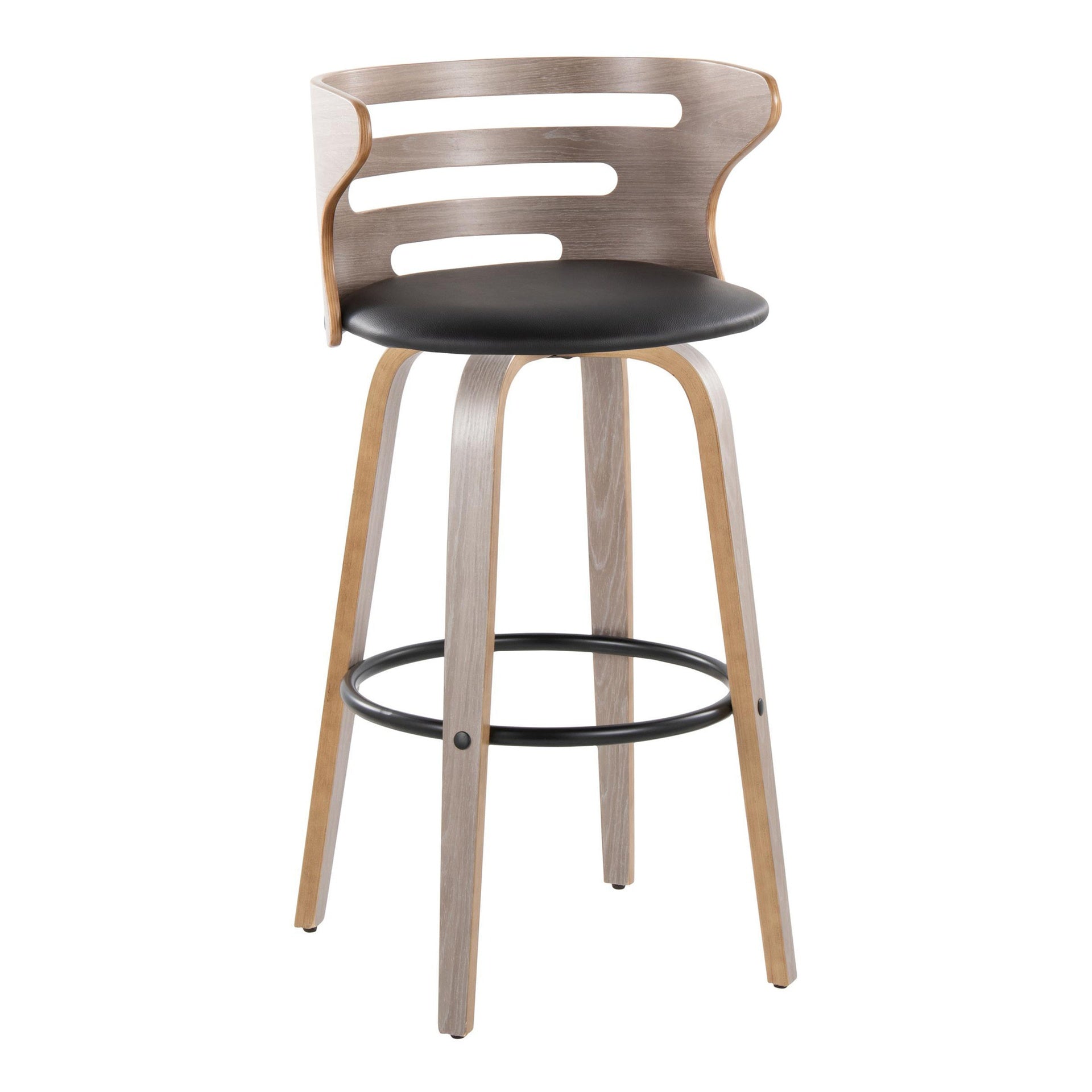 Cosini 30" Mid-Century Modern Fixed-Height Barstool with Swivel in Light Grey Wood and Black Faux Leather with Round Black Metal Footrest by LumiSource - Set of 2