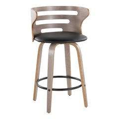 Cosini 26" Mid-Century Modern Fixed-Height Barstool with Swivel in Light Grey Wood and Black Faux Leather with Round Black Metal Footrest by LumiSource - Set of 2
