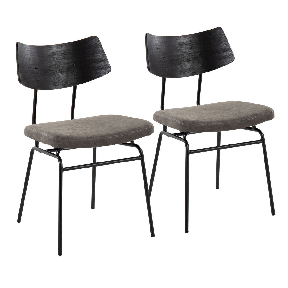 Walker Mid-Century Modern Chair in Black Metal, Dark Grey Faux Leather, and Black Wood by LumiSource - Set of 2
