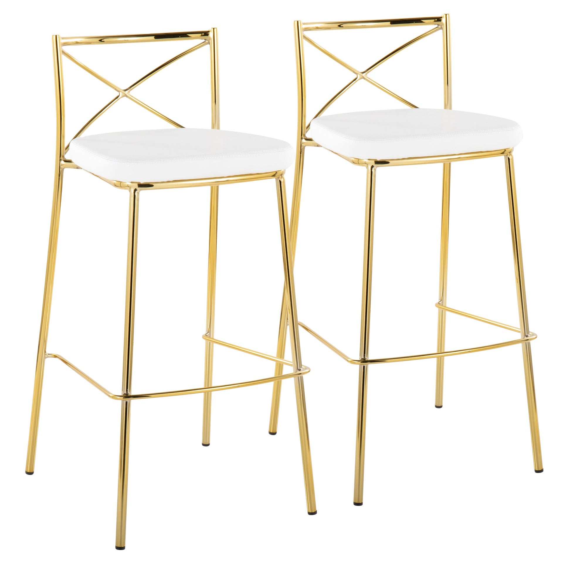 Modern Charlotte 30" Contemporary Fixed-Height Barstool in Gold Metal and White Faux Leather by LumiSource - Set of 2