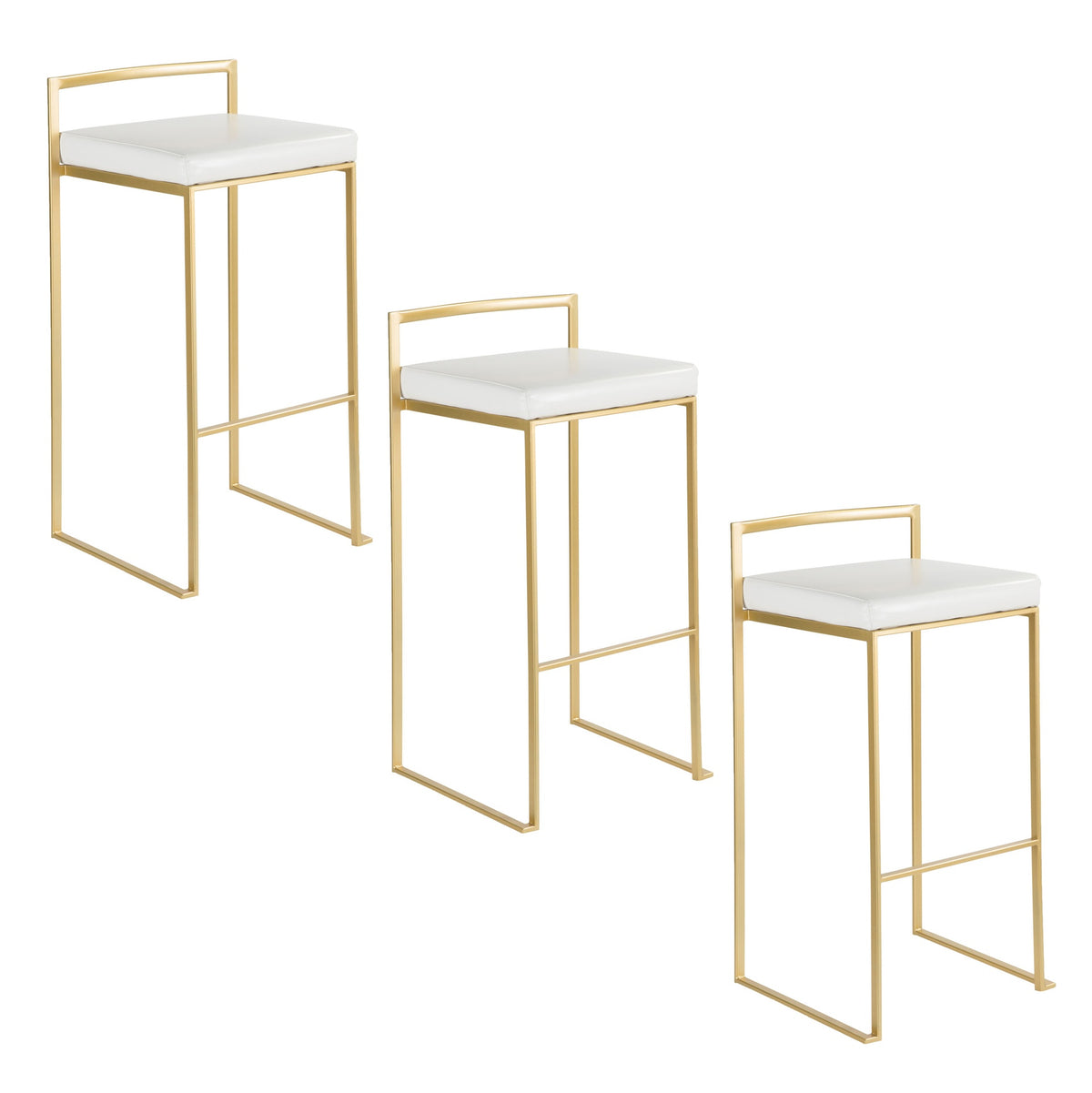 Fuji 30" Contemporary Barstool in Gold with White Faux Leather by LumiSource - Set of 3
