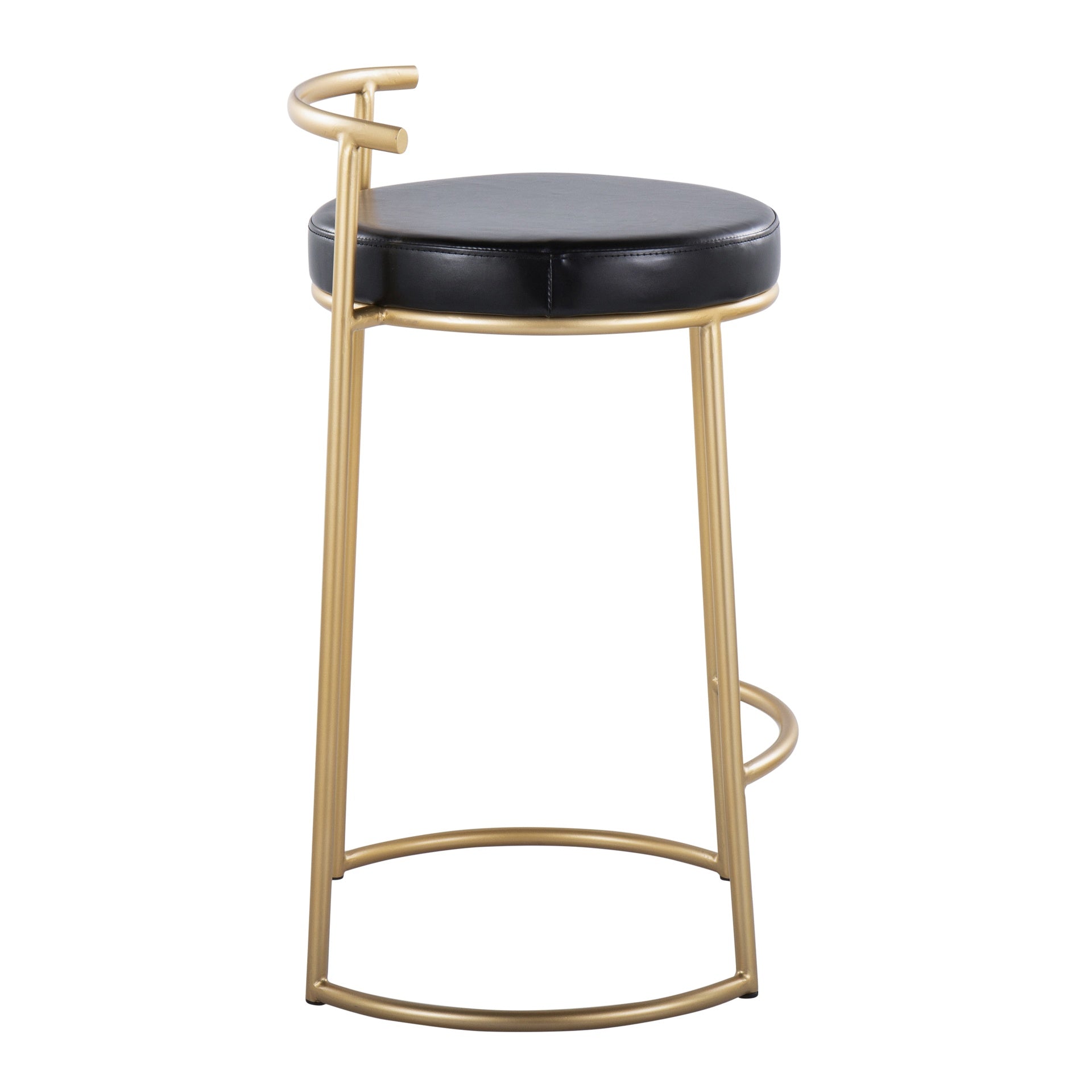 Round Fuji 26" Contemporary Fixed-Height Counter Stool in Gold Metal and Black Faux Leather by LumiSource - Set of 2