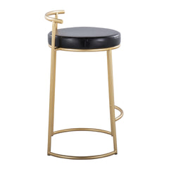 Round Fuji 26" Contemporary Fixed-Height Counter Stool in Gold Metal and Black Faux Leather by LumiSource - Set of 2