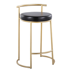 Round Fuji 26" Contemporary Fixed-Height Counter Stool in Gold Metal and Black Faux Leather by LumiSource - Set of 2