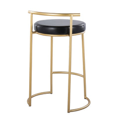 Round Fuji 26" Contemporary Fixed-Height Counter Stool in Gold Metal and Black Faux Leather by LumiSource - Set of 2