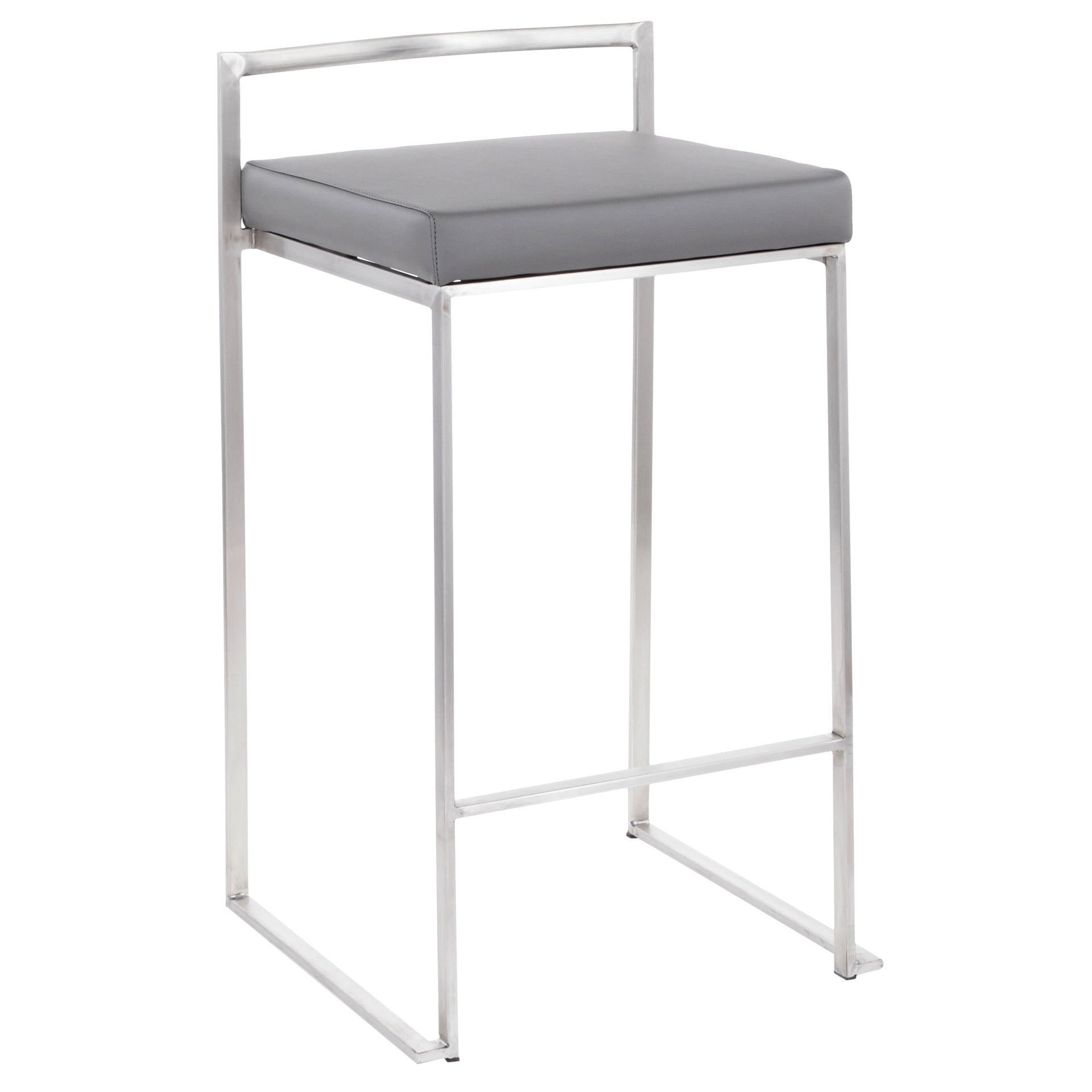 Fuji 26" Contemporary Stackable Counter Stool in Brushed Stainless Steel with Grey Faux Leather by LumiSource - Set of 3