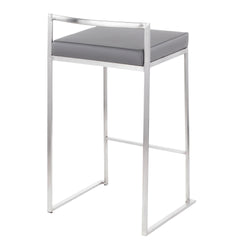 Fuji 26" Contemporary Stackable Counter Stool in Brushed Stainless Steel with Grey Faux Leather by LumiSource - Set of 3