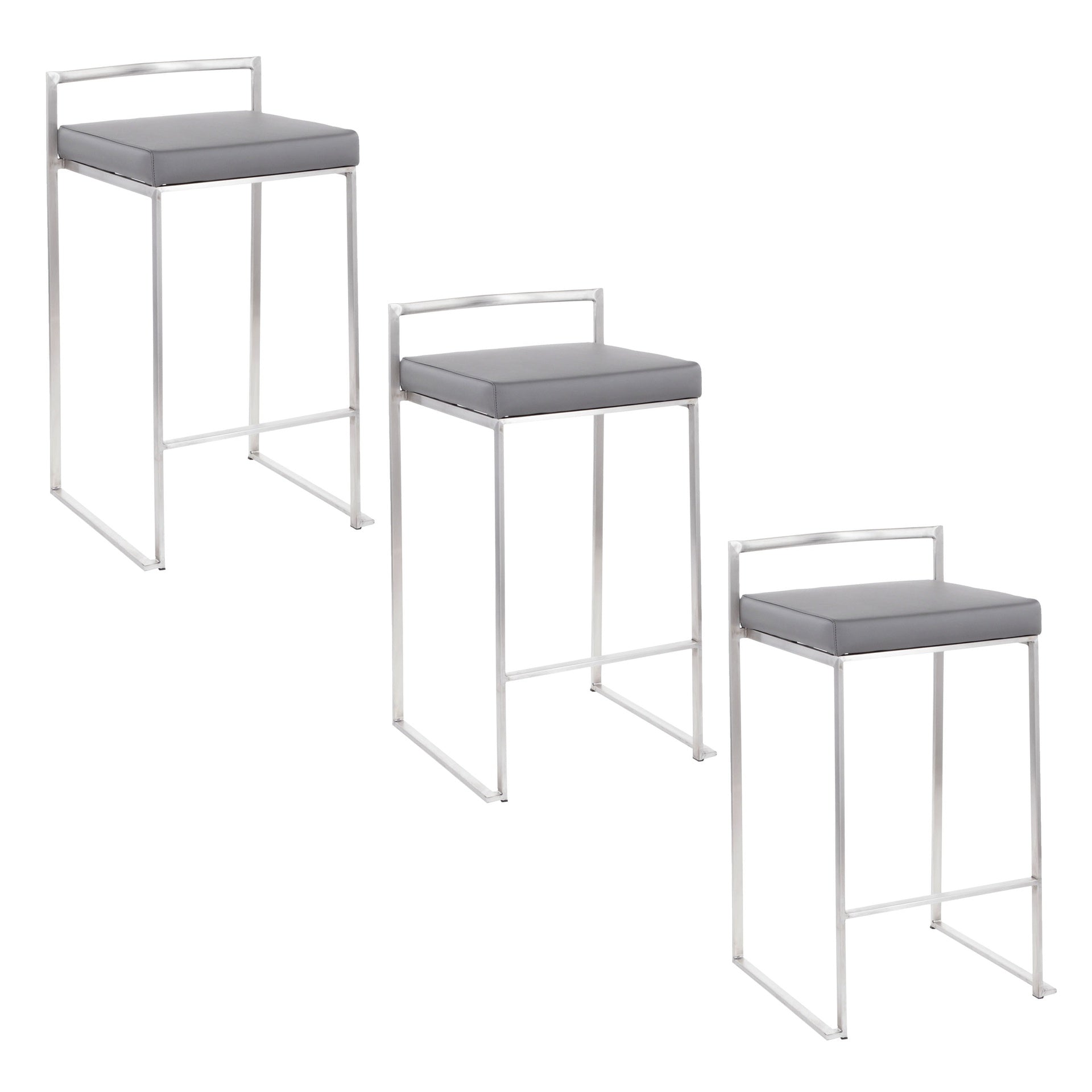 Fuji 26" Contemporary Stackable Counter Stool in Brushed Stainless Steel with Grey Faux Leather by LumiSource - Set of 3
