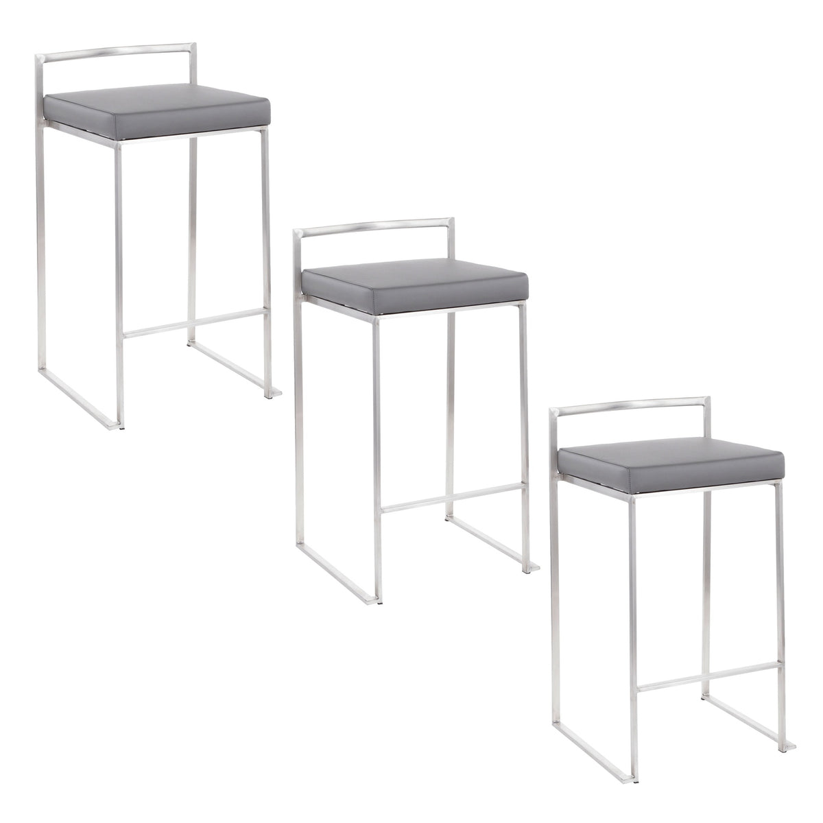 Fuji 26" Contemporary Stackable Counter Stool in Brushed Stainless Steel with Grey Faux Leather by LumiSource - Set of 3