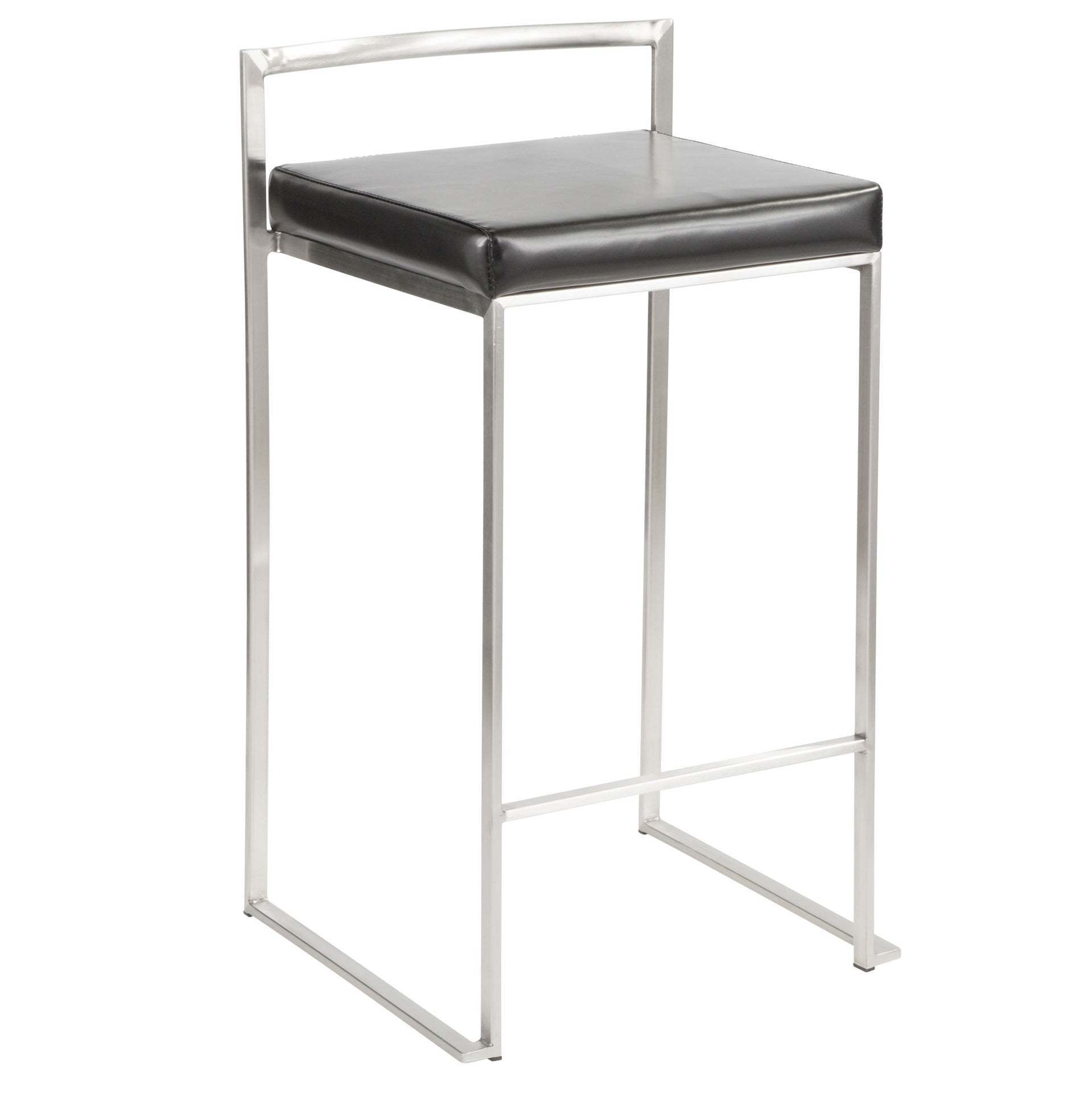 Fuji 26" Contemporary Stackable Counter Stool in Brushed Stainless Steel with Black Faux Leather by LumiSource - Set of 3