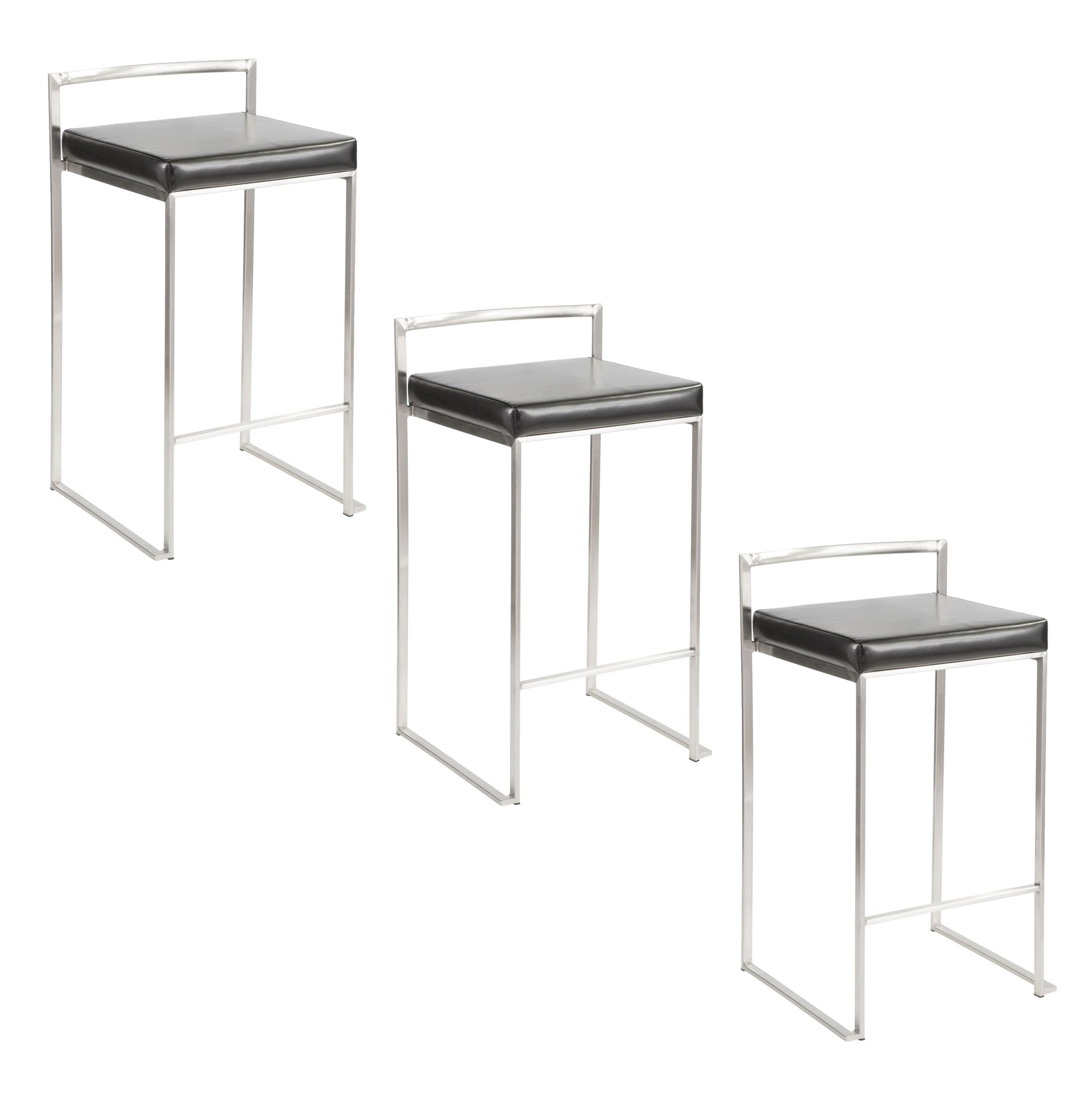 Fuji 26" Contemporary Stackable Counter Stool in Brushed Stainless Steel with Black Faux Leather by LumiSource - Set of 3