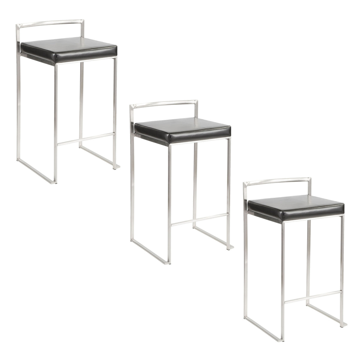 Fuji 26" Contemporary Stackable Counter Stool in Brushed Stainless Steel with Black Faux Leather by LumiSource - Set of 3