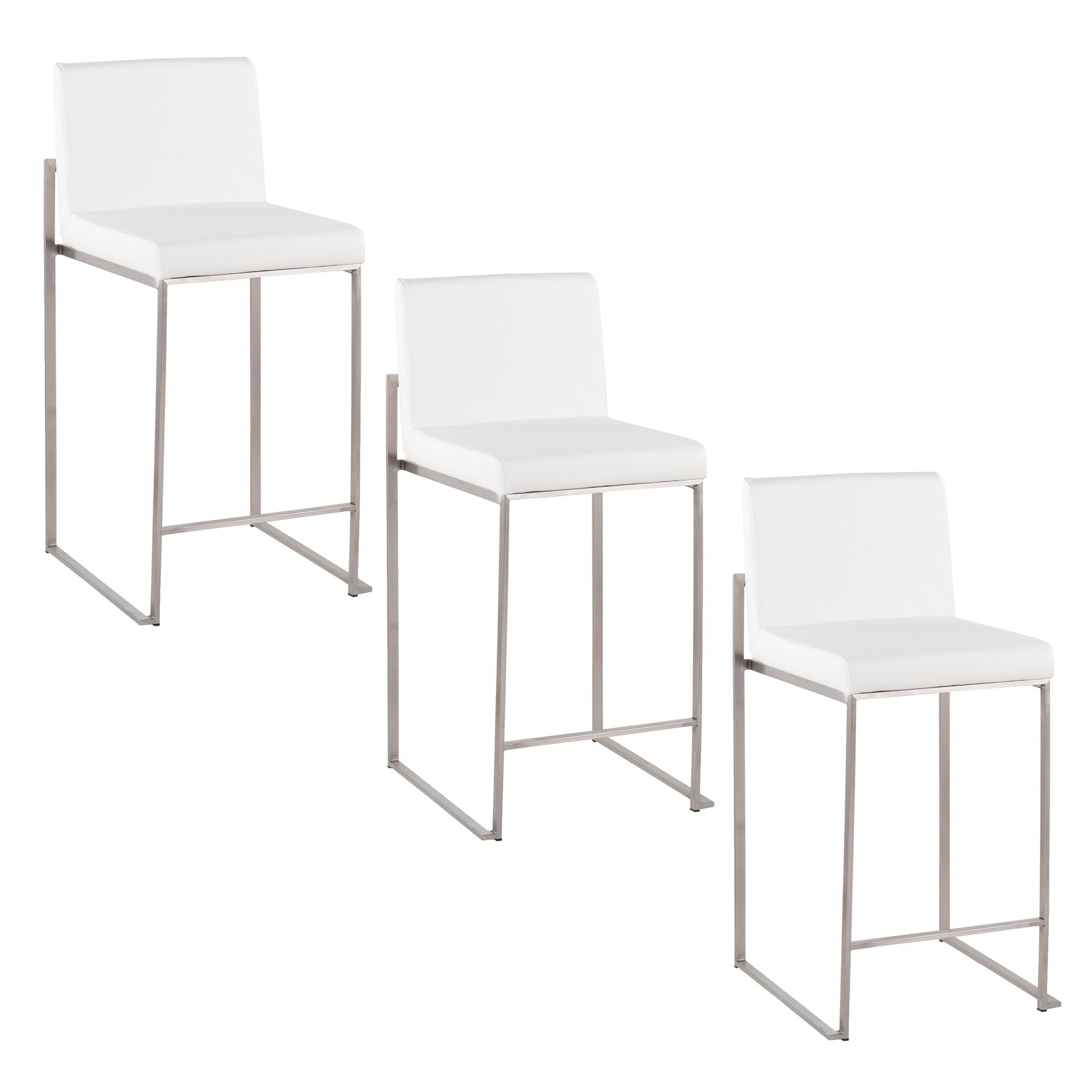 Fuji 26" Contemporary High Back Counter Stool in Stainless Steel and White Faux Leather by LumiSource - Set of 3