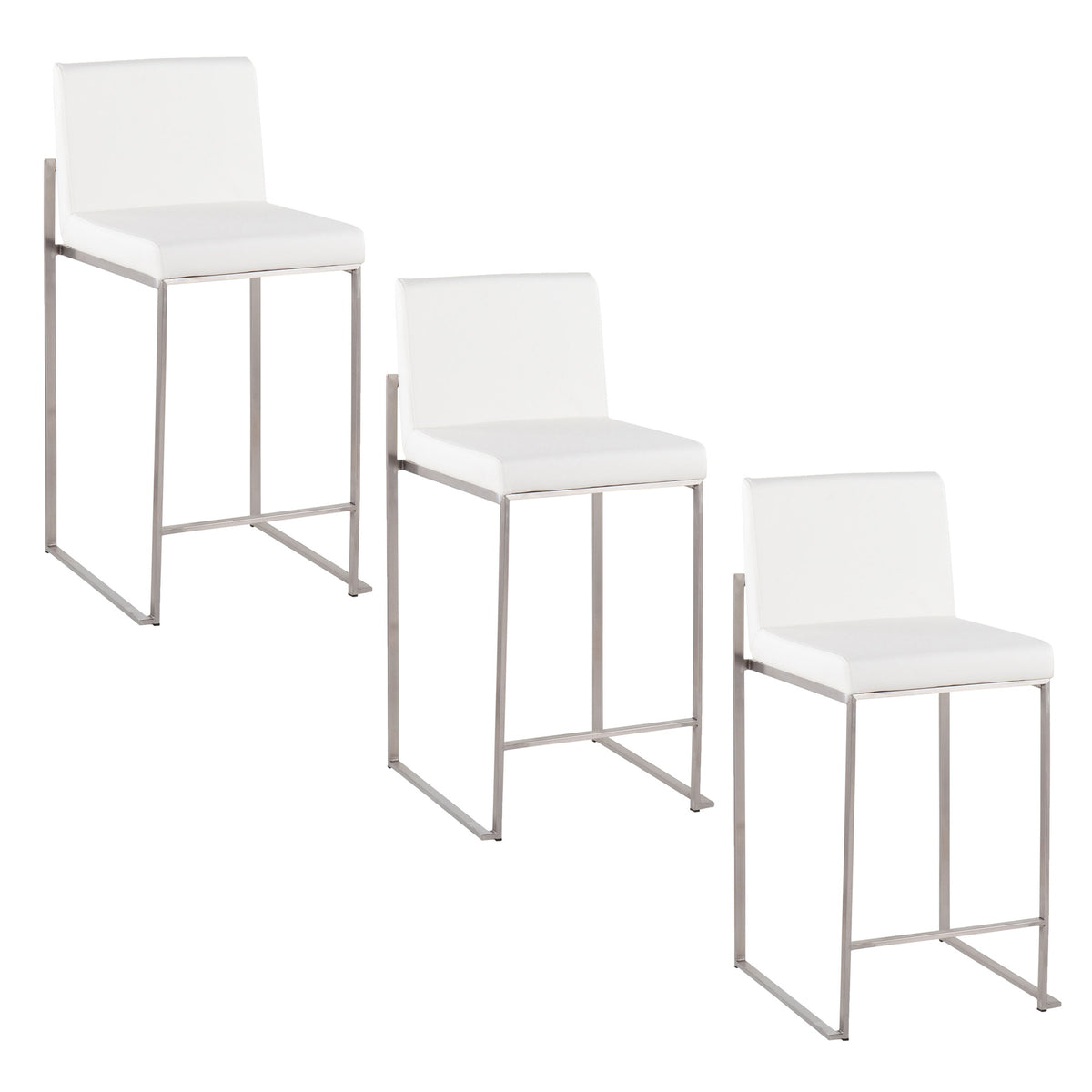 Fuji 26" Contemporary High Back Counter Stool in Stainless Steel and White Faux Leather by LumiSource - Set of 3