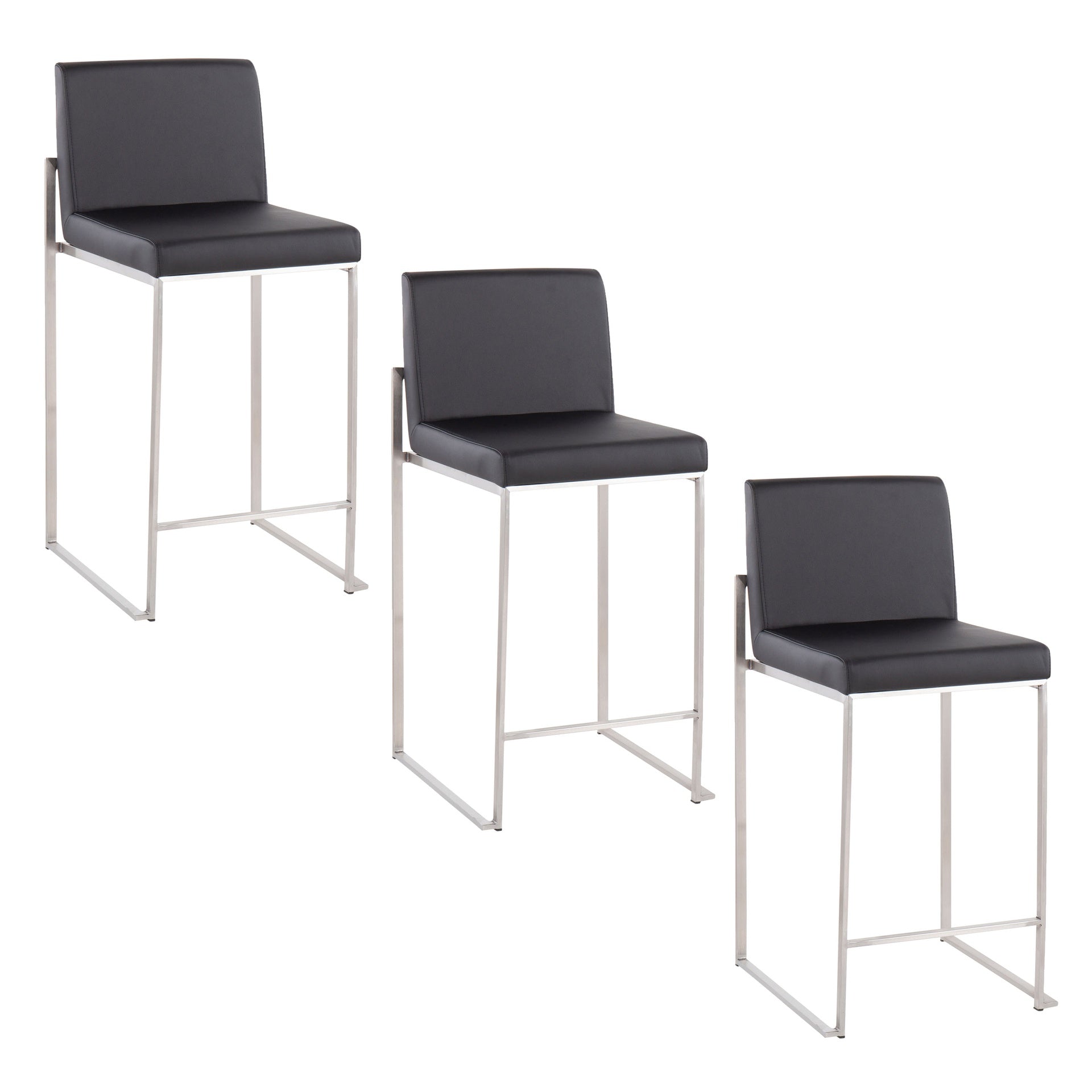 Fuji 26" Contemporary High Back Barstool in Stainless Steel and Black Faux Leather by LumiSource - Set of 3