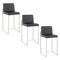 Fuji 26" Contemporary High Back Barstool in Stainless Steel and Black Faux Leather by LumiSource - Set of 3