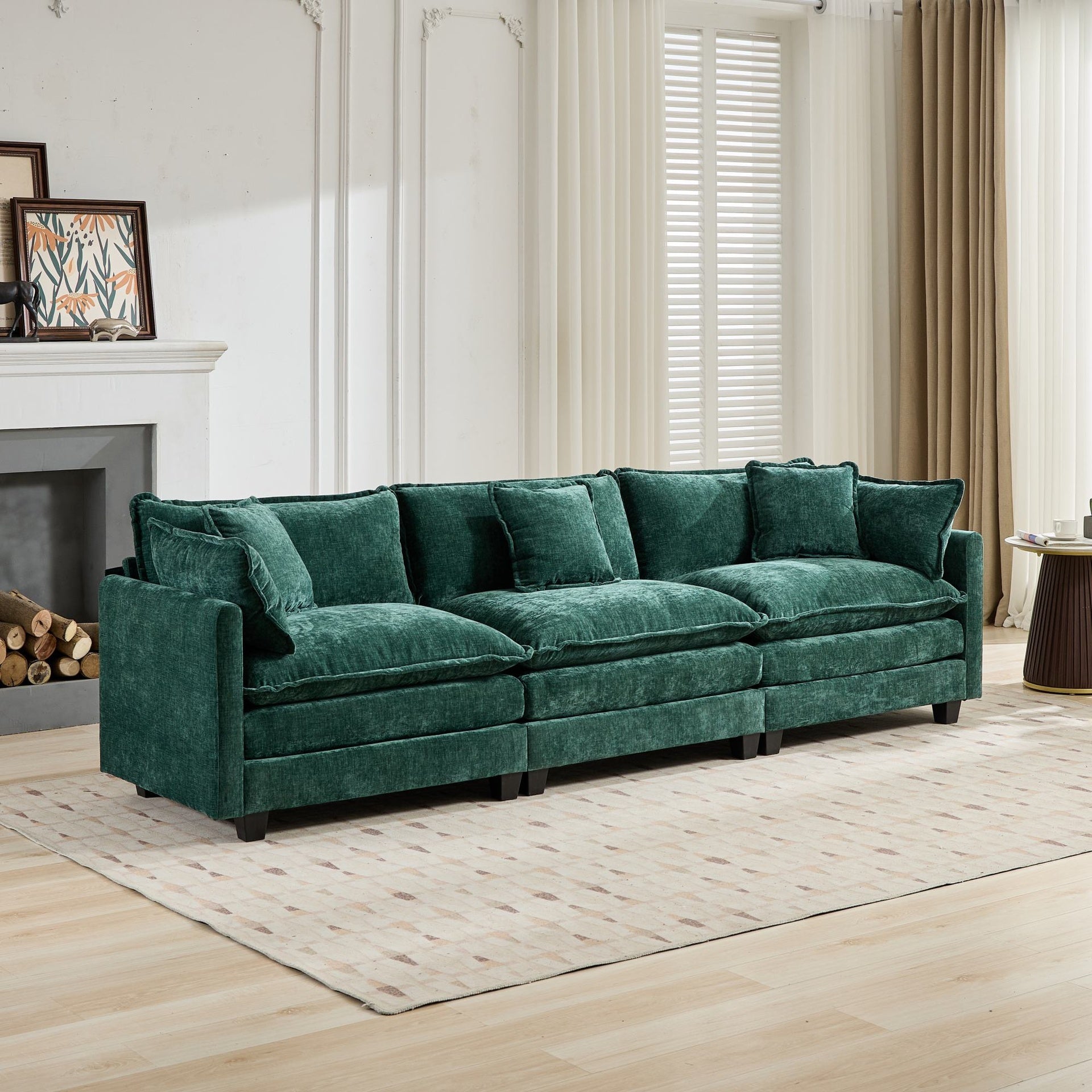 Cloud Sofa 3 Seats (Ottoman is not included), Modern Sectional Couch, for Living Room Bedroom and Apartment, Comfy Double Layer Upholstered Seat Cushion, Breathable Chenille Fabric,Green