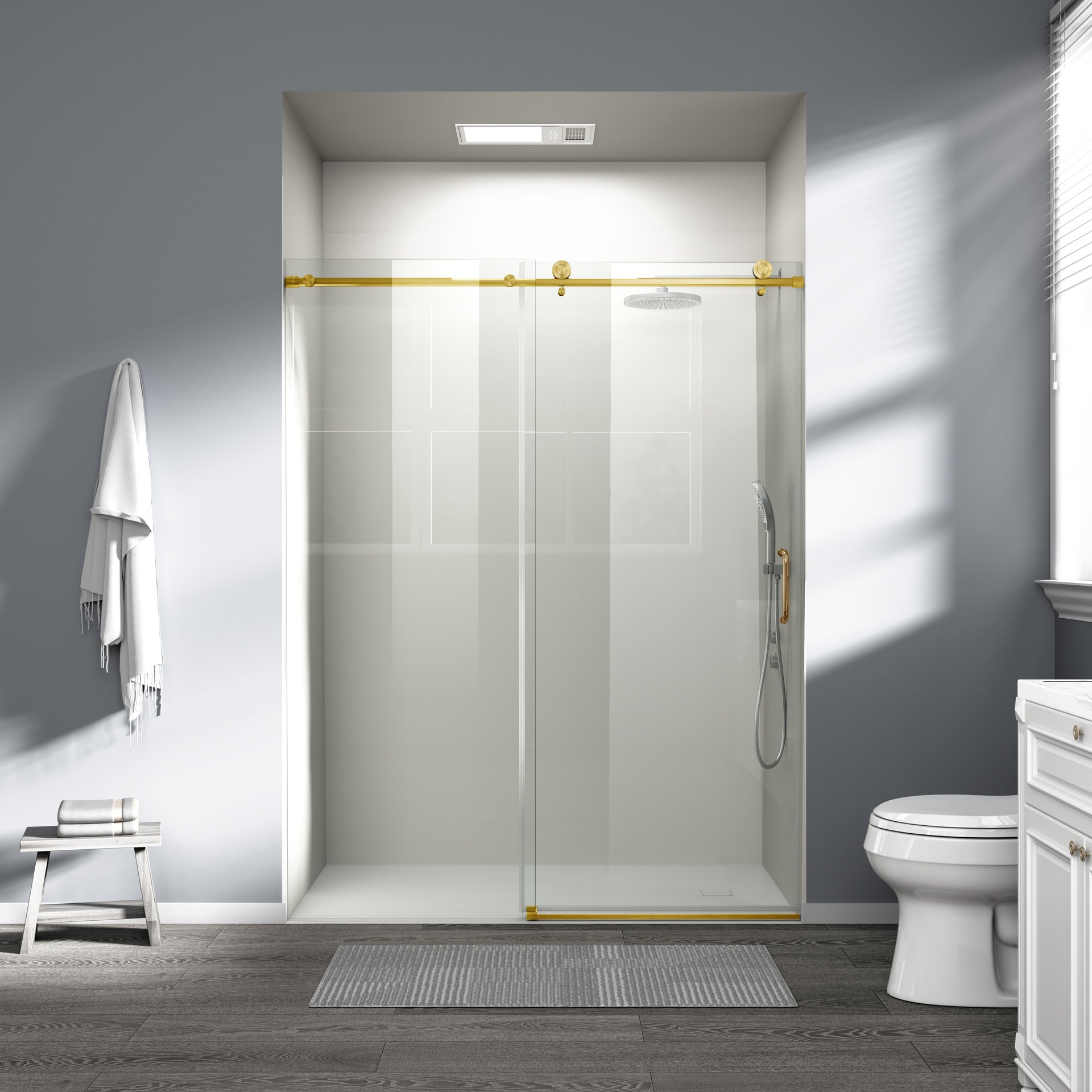 56" - 60" W x 76" H Single Sliding Shower Door, Frameless Bathroom Sliding Door with 1/4" (6mm) Tempered Glass for Walk-in Shower, Brushed Gold CM-25D06-60BGX
