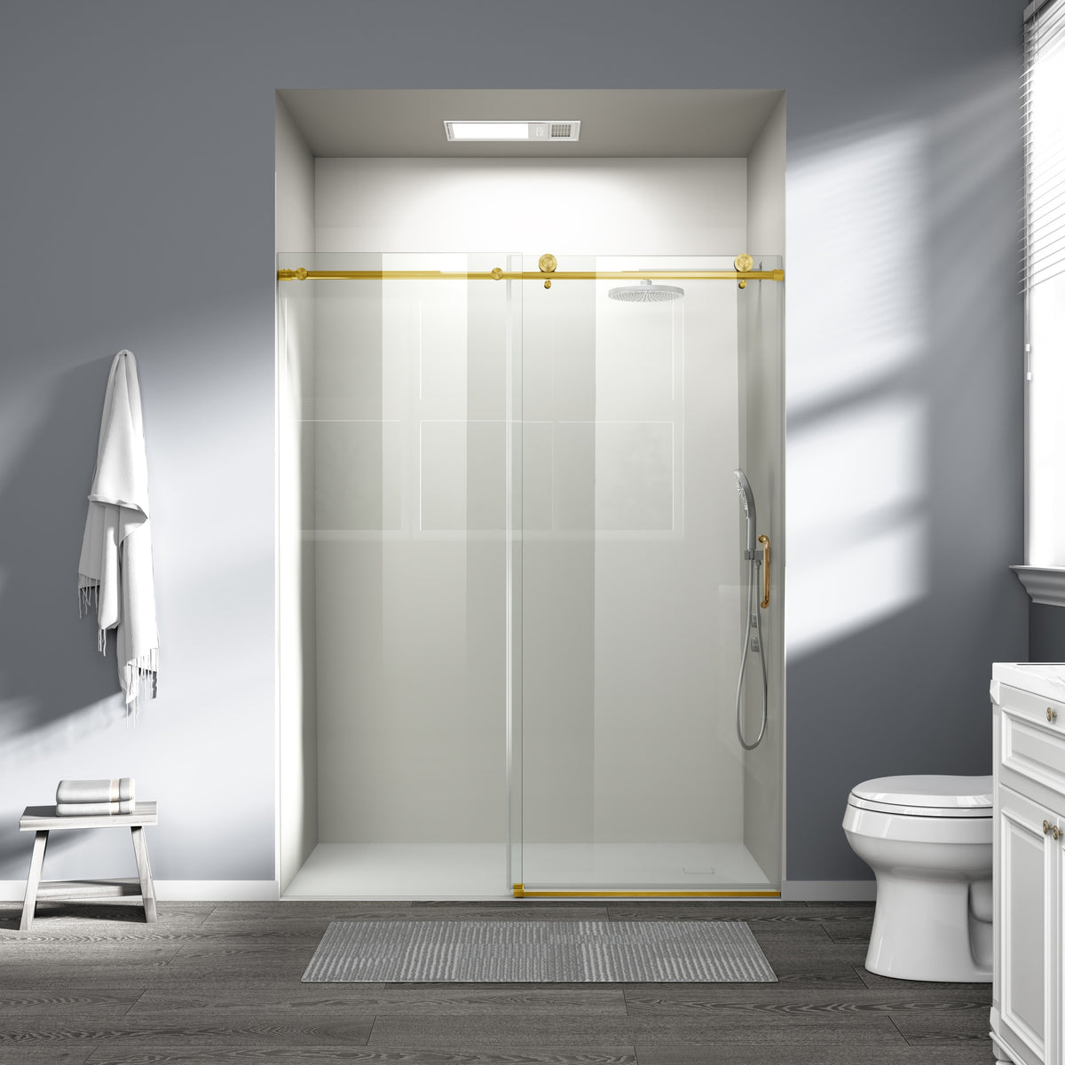 56" - 60" W x 76" H Single Sliding Shower Door, Frameless Bathroom Sliding Door with 1/4" (6mm) Tempered Glass for Walk-in Shower, Brushed Gold CM-25D06-60BGX