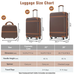 Hardshell Luggage Sets 3 Pieces 20"+28" Luggages and Cosmetic Case Spinner Suitcase with TSA Lock Lightweight,Brown
