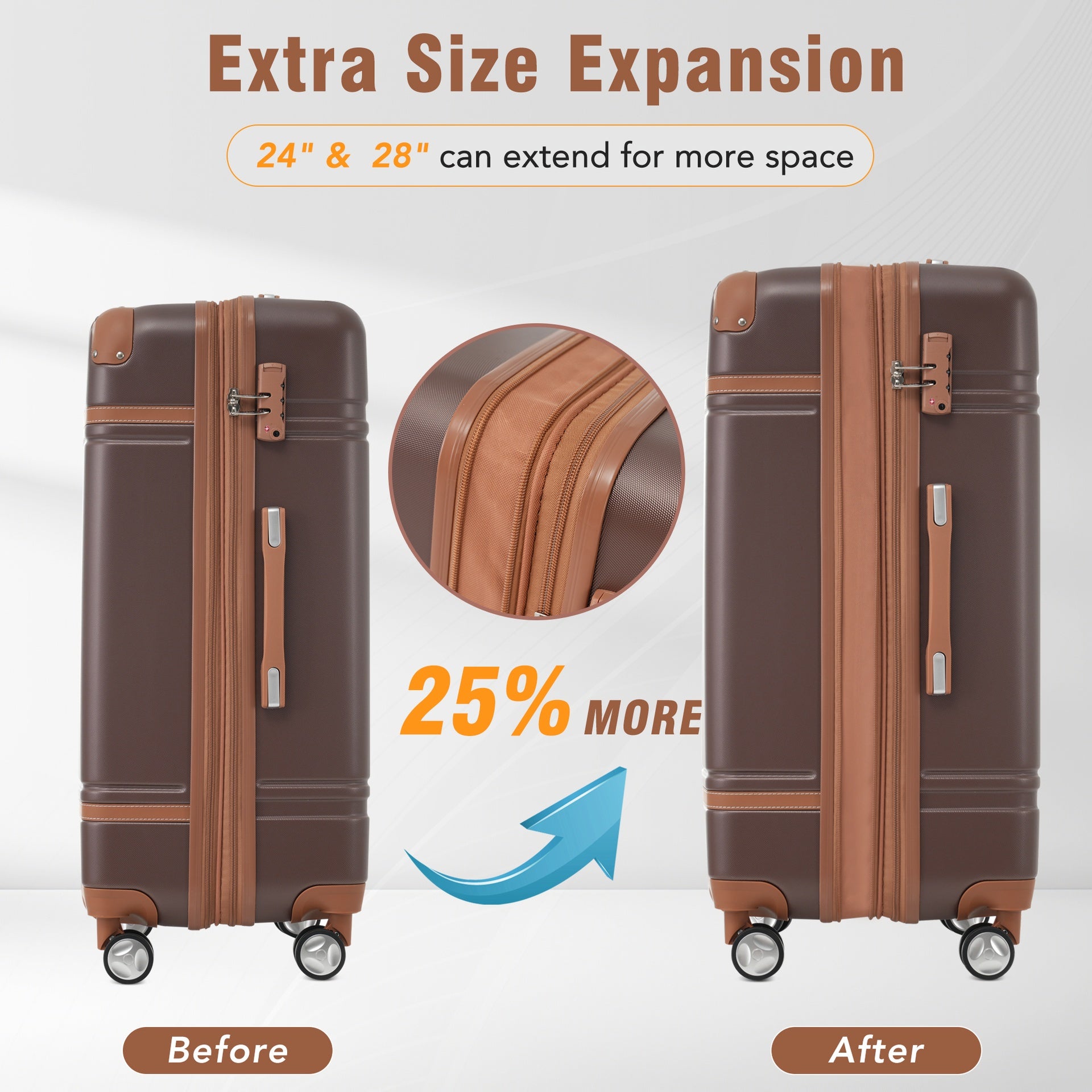 Hardshell Luggage Sets 3 Pieces 20"+28" Luggages and Cosmetic Case Spinner Suitcase with TSA Lock Lightweight,Brown