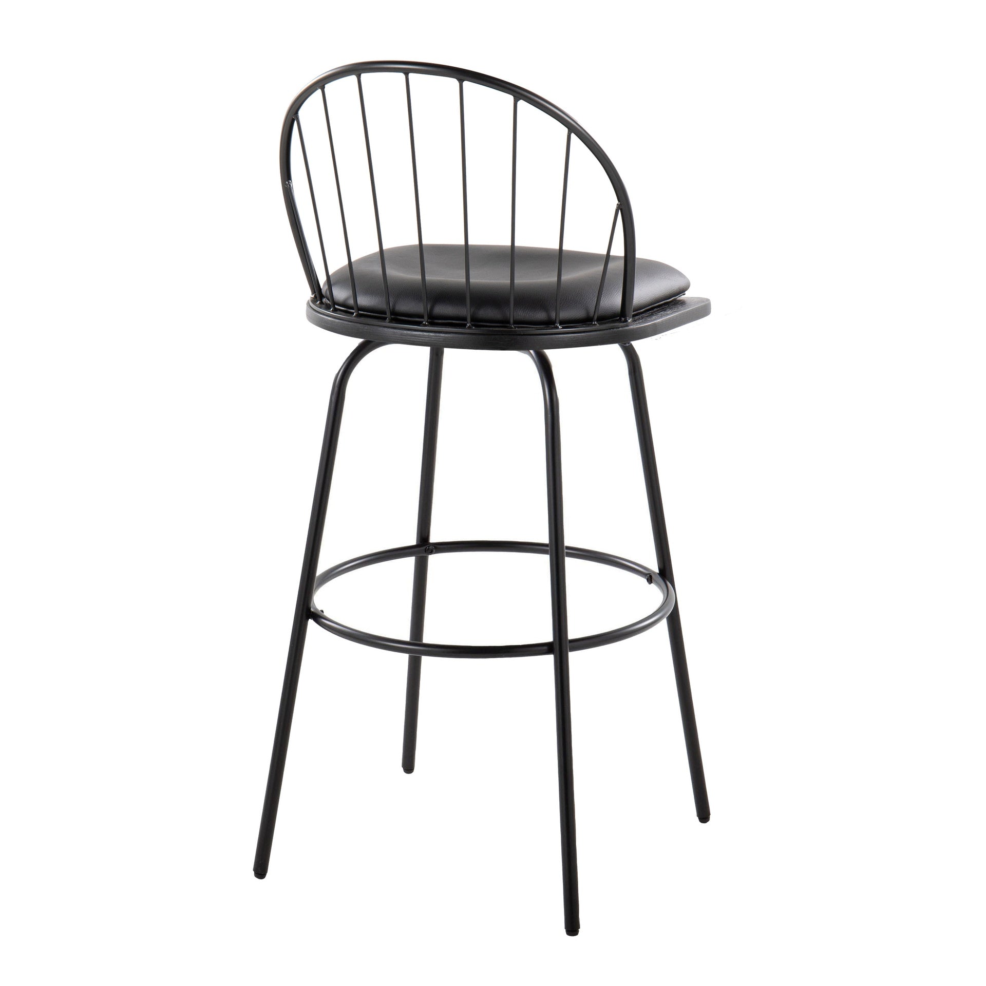 Riley Claire 30" Farmhouse Fixed-Height Barstool with Swivel in Black Metal, Black Wood and Black Faux Leather with Round Black Metal Footrest by LumiSource - Set of 2