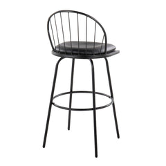 Riley Claire 30" Farmhouse Fixed-Height Barstool with Swivel in Black Metal, Black Wood and Black Faux Leather with Round Black Metal Footrest by LumiSource - Set of 2