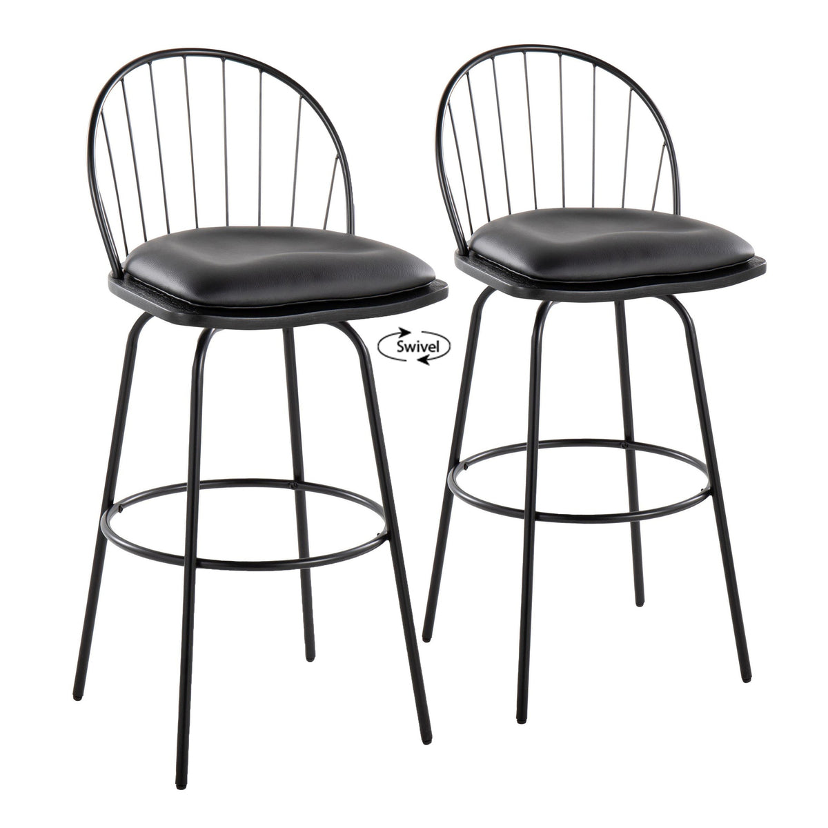 Riley Claire 30" Farmhouse Fixed-Height Barstool with Swivel in Black Metal, Black Wood and Black Faux Leather with Round Black Metal Footrest by LumiSource - Set of 2