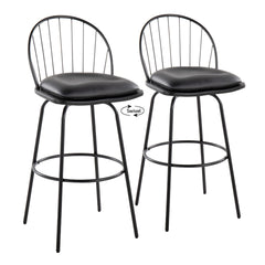 Riley Claire 30" Farmhouse Fixed-Height Barstool with Swivel in Black Metal, Black Wood and Black Faux Leather with Round Black Metal Footrest by LumiSource - Set of 2