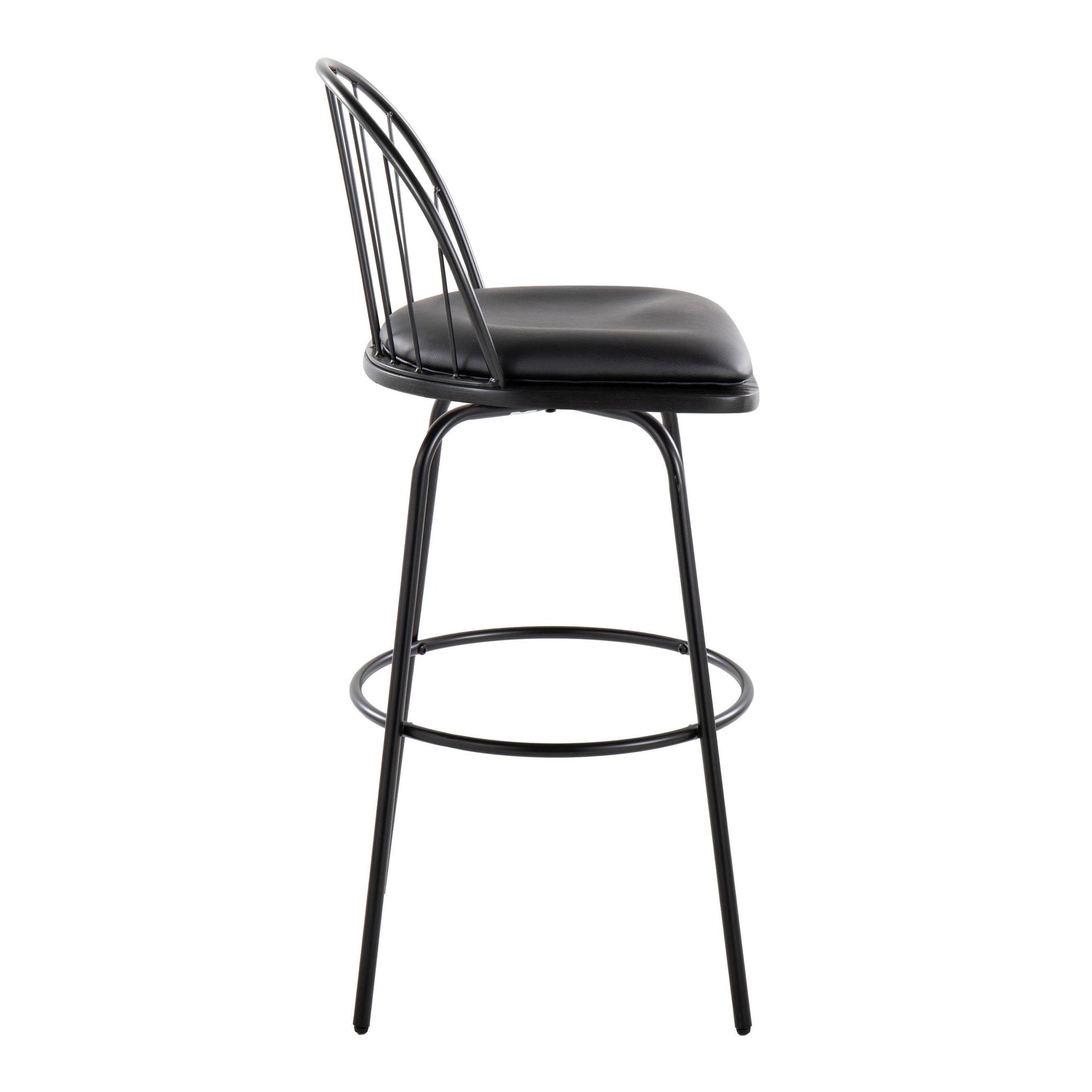 Riley Claire 30" Farmhouse Fixed-Height Barstool with Swivel in Black Metal, Black Wood and Black Faux Leather with Round Black Metal Footrest by LumiSource - Set of 2