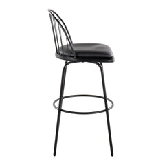 Riley Claire 30" Farmhouse Fixed-Height Barstool with Swivel in Black Metal, Black Wood and Black Faux Leather with Round Black Metal Footrest by LumiSource - Set of 2