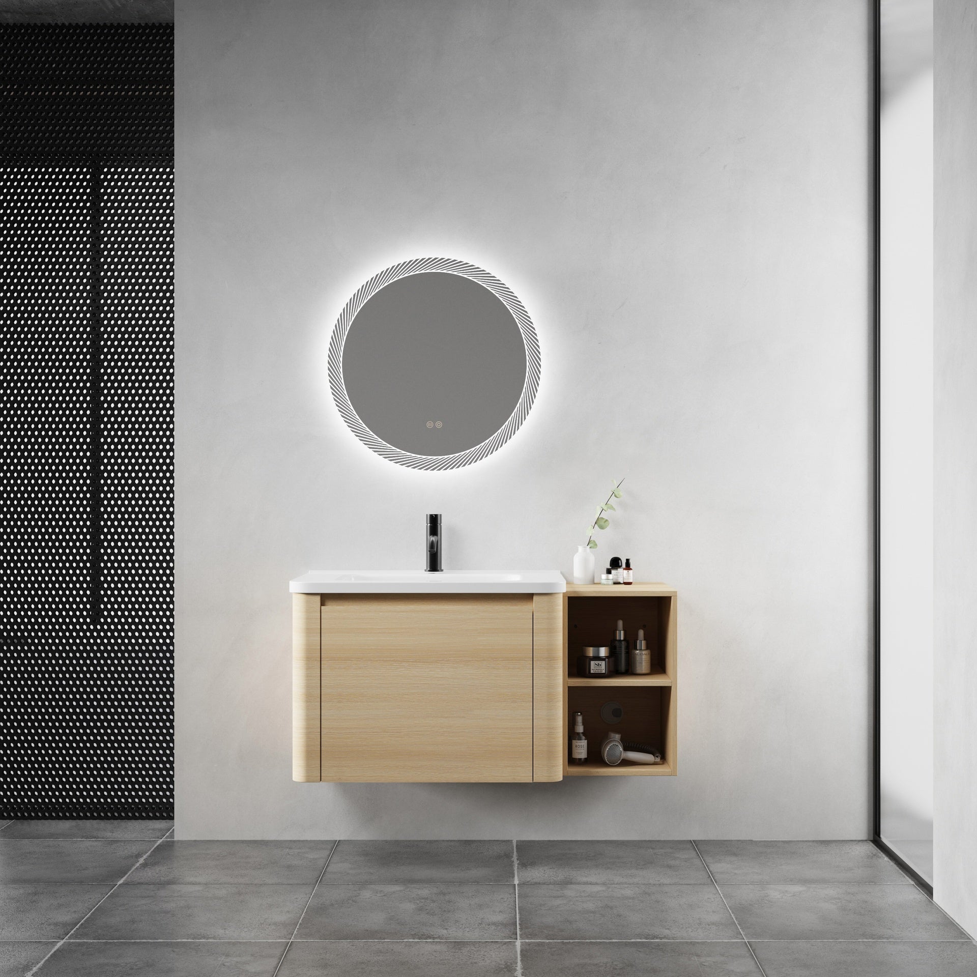 40'' Wall-Mounted Bathroom Vanity with White Ceramic Sink and Storage Shelves & 1-Soft-Close Door, KD-Packing, Plywood, American White Oak