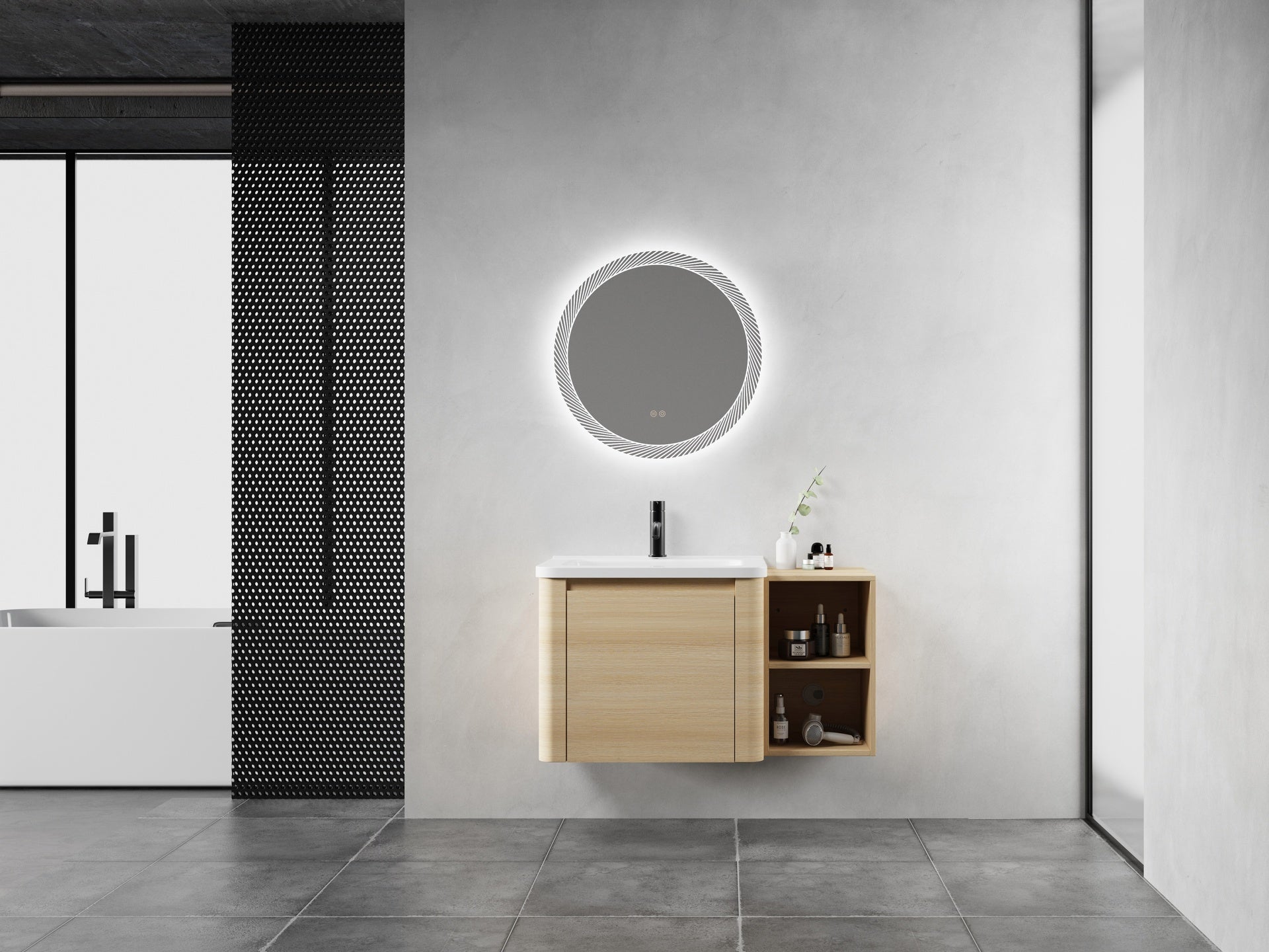36'' Wall-Mounted Bathroom Vanity with White Ceramic Sink and Storage Shelves & 1-Soft-Close Door, KD-Packing, Plywood, American White Oak